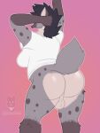  anthro balls big_butt bottomless breasts butt butt_heart clothed clothing digital_media_(artwork) fur genitals gynomorph hair hi_res hyena intersex mammal open_mouth shirt simple_background sirdoomwolf solo spotted_hyena topwear yawn 