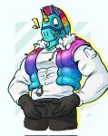  abs animate_inanimate anthro big_pecs black_bottomwear black_clothing black_pants blue_body blue_fur bottomwear camelid clothed clothing ears_up epic_games fortnite fur gloves hair handwear hi_res horn its_coldpizza living_pinata llama llambro looking_down male mammal mohawk mouth_closed multicolored_hair muscular pants pecs pinata rainbow_hair shirt solo surprised_expression topwear unicorn_horn unzipped vest white_clothing white_shirt white_topwear wool_(fur) zipper 