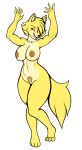  anthro brown_nipples canid canine canis ellie_the_wolf fan_character female fours_(artist) fur hi_res looking_at_viewer mammal muscular muscular_female nipples pubes purple_eyes solo wolf yellow_body yellow_fur 