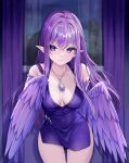  1girl absurdres bare_shoulders breasts cleavage dress feathered_wings feathers harpy highres jewelry long_hair marissa_(amos_defamos) medium_breasts monster_girl necklace original pointy_ears purple_eyes purple_feathers purple_hair purple_wings sleeveless solo thighs tight tight_dress winged_arms wings yaya_chan 