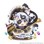  1girl anchor_hair_ornament animal_ear_fluff animal_ears azur_lane barrel blue_gemstone cat_ears cat_girl cat_tail chibi coin commentary_request dress eyepatch frilled_dress frilled_headwear frills gem gold_coin green_eyes green_gemstone hair_ornament hat kidd_(meowfficer)_(azur_lane) meowfficer_(azur_lane) muuran official_art pantyhose pirate pirate_hat red_gemstone simple_background sleeves_past_fingers sleeves_past_wrists solo tail very_long_sleeves white_background white_hair white_pantyhose 
