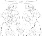  1boy bara beard belt blush bulge embarrassed extra facial_hair fighting_stance fingerless_gloves gloves greyscale headband health_bar highres hoshieda_(hoshinoedao) large_pectorals male_focus male_underwear monochrome muscular muscular_male pants pectorals ryu_(street_fighter) short_hair street_fighter street_fighter_6 thick_thighs thighs thong underwear 