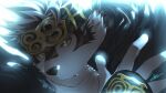  1boy absurdres ainu_clothes animal_ears bara chest_hair close-up dr_whiger furry furry_male grey_fur hand_up highres horkeu_kamui large_pectorals male_focus muscular muscular_male pectorals serious solo tokyo_afterschool_summoners two-tone_fur white_fur wolf_boy wolf_ears 