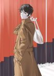 1boy arril100 bag black_hair brown_coat brown_eyes closed_mouth coat commentary_request expressionless from_side hand_in_pocket highres holding holding_bag kaiki_deishuu long_sleeves looking_at_viewer male_focus monogatari_(series) multiple_torii outdoors plastic_bag short_hair snow solo standing torii trench_coat turning_head 