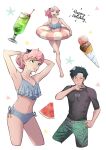  1boy 1girl adjusting_hair aged_up alternate_costume anya_(spy_x_family) bikini black_hair blue_bikini cone_hair_bun damian_desmond food fruit glasses green_eyes green_male_swimwear hair_bun hairpods highres ice_cream innertube long_hair male_swimwear navel pink_hair ponytail short_hair spy_x_family stomach swim_trunks swimsuit wakaruhello watermelon yellow_eyes 