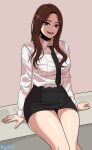  1girl artist_name beautiful_gunbari black_skirt breasts brown_eyes brown_hair cho_ye-ryeong large_breasts long_hair long_sleeves looking_at_viewer marheit mole mole_under_eye pencil_skirt shirt sitting skirt smile solo white_shirt 