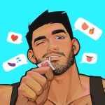  1boy black_hair black_tank_top blue_background brown_eyes condom condom_wrapper emoji facial_hair highres male_focus one_eye_closed original seupil_hyugo_(spirohugo) short_hair simple_background smile solo tank_top teeth 