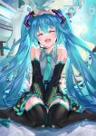  1girl arm_tattoo black_skirt black_thighhighs blue_hair closed_eyes commentary detached_sleeves hatsune_miku headpat headphones highres long_hair miniskirt open_mouth pov pov_hands sitting skirt smile solo_focus tattoo tears thighhighs twintails tyouya very_long_hair vocaloid wariza wide_sleeves zettai_ryouiki 