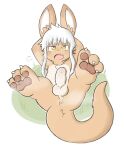 anus balls blush brown_body butt feet foreskin genitals hi_res humanoid_genitalia humanoid_penis looking_at_viewer made_in_abyss male nanachi narehate oob open_mouth pawpads paws penis simple_background solo tail white_background yellow_body yellow_eyes 