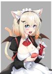  1girl alternate_costume animal_ears apron ascot bat_hair_ornament bat_wings blonde_hair blood blood_bag blue_eyes breasts cat_ears cat_tail cevio detached_collar drink drinking_straw fangs frilled_sleeves frills gradient_hair hair_ornament highres holding holding_drink large_breasts maid maid_headdress multicolored_hair one_(cevio) open_mouth orange_hair solo tail wings zooanime 