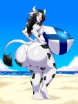  2021 absurd_res anthro beach big_breasts big_butt biped black_hair bovid bovine breasts brown_eyes butt cattle clothing feet female finnish_flag hair hands_on_hips hi_res highlights_(coloring) horn huge_breasts huge_butt humanoid_feet looking_at_viewer looking_back looking_back_at_viewer mammal nipple_outline one-piece_swimsuit plantigrade pose purple_highlights sea seaside solo speeds swimwear tail tail_tuft tuft wabby_(character) water white_horn 