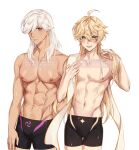  2boys abs aether_(genshin_impact) black_male_swimwear blonde_hair cyno_(genshin_impact) dark-skinned_male dark_skin genshin_impact hair_between_eyes hair_over_one_eye highres long_hair male_focus male_swimwear multiple_boys muscular muscular_male navel nipples pale_skin red_eyes rourouki smile teeth topless_male watermark white_hair yaoi yellow_eyes 