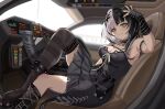  1girl absurdres black_dress black_hair black_thighhighs breasts car car_interior clenched_teeth dress highres hololive hololive_english looking_at_viewer motor_vehicle open_mouth shiori_novella sitting solo teeth thighhighs virtual_youtuber white_hair yato_(yama0x1) yellow_eyes 