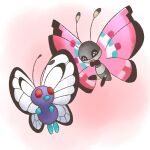  animal_focus black_eyes blank_eyes bug butterfly butterfree commentary eye_contact fangs full_body happy looking_at_another no_humans open_mouth pink_background pokemon pokemon_(creature) red_eyes simple_background smile vivillon vivillon_(meadow) yuki00yo 