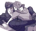  2boys belial_(granblue_fantasy) closed_mouth gran_(granblue_fantasy) granblue_fantasy highres hood hood_down jacket kishire0324 legs_up looking_at_another lying male_focus multiple_boys on_back pants red_eyes shirt short_hair simple_background yaoi 