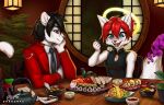  2023 anthro asian beverage black_hair blush breasts canid canine canis clothed clothing dragonfu duo eating excited felid feline female food fox fur hair halo happy hybrid kira_sher male male/female mammal necktie open_mouth pantherine red_hair sushi tail tea white_body white_fur wolf 
