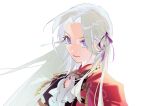  1girl ascot black_jacket cape closed_mouth edelgard_von_hresvelg fire_emblem fire_emblem:_three_houses gapamopa hair_ribbon highres jacket long_hair looking_at_viewer portrait purple_eyes purple_ribbon red_cape ribbon simple_background solo very_long_hair white_ascot white_background 