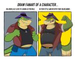  2023 alligator alligatorid anthro bottomwear brok_(character) brok_the_investigator clothing crocodilian english_text green_body hat headgear headwear hi_res male musclegut pants reptile scalie shirt slightly_chubby solo text topwear vulxer 