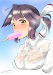  1girl blush breasts collared_shirt food food_in_mouth grey_hair hayanami_(kancolle) highres kantai_collection komb medium_breasts ponytail popsicle popsicle_in_mouth purple_hair school_uniform see-through shirt short_hair signature solo twitter_username wet wet_clothes white_shirt yellow_eyes 