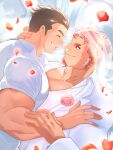  2boys absurdres bara character_request closed_eyes closed_mouth collared_shirt couple facial_hair falling_petals flower hephaestus_(housamo) highres jacket large_pectorals looking_at_another male_focus multiple_boys muscular muscular_male pectorals petals protagonist_3_(housamo) red_hair red_petals rose satou_shouhei shirt short_hair smile tokyo_afterschool_summoners upper_body white_jacket white_shirt yaoi 
