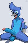  anthro avian avioylin ball_grab balls big_penis blue_body blue_feathers bo_(boink) erection feathers genitals hi_res humanoid_genitalia humanoid_penis male nude open_mouth penis presenting solo spread_legs spreading tongue vein veiny_penis 