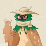  1:1 3_fingers 7 anthro avian decidueye drawyowl feral fingers fur generation generation_7_pokemon green_body hi_res male male/male nintendo plant pokemon pokemon_(species) simple_background solo wings 