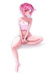  1girl alternate_costume bare_arms bare_shoulders blush closed_mouth collarbone crop_top doki_doki_literature_club full_body grey_socks hair_ornament hair_ribbon hairclip highres looking_at_viewer machulanko natsuki_(doki_doki_literature_club) navel one_eye_closed pink_eyes pink_hair ribbon shiny_skin short_hair simple_background sitting socks solo two_side_up x_hair_ornament 