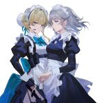  2girls apron blonde_hair blue_archive blue_bow blue_bowtie blue_dress blue_eyes bow bowtie braid breasts bun_cover commentary cowboy_shot dress grey_hair hair_bun hair_intakes headset highres holding holding_key izayoi_sakuya juliet_sleeves key long_sleeves looking_at_viewer maid maid_headdress multiple_girls puffy_sleeves reeh_(yukuri130) short_hair simple_background small_breasts standing toki_(blue_archive) touhou twin_braids waist_apron white_apron white_background 