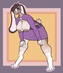  anthro big_breasts bottomwear breasts clothed clothing digital_media_(artwork) female fur hair hands_on_knees hands_on_legs hanging_breasts hi_res humanoid lagomorph leaning leaning_forward leporid long_sleeves mammal marshbreeze nipples partially_clothed rabbit simple_background skirt smile solo standing tail 