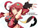  1girl anniversary copyright_name f_1chan fingerless_gloves gloves hand_up looking_at_viewer open_mouth pyra_(xenoblade) red_eyes red_hair smile solo swept_bangs tiara xenoblade_chronicles_(series) xenoblade_chronicles_2 