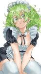  1girl absurdres alternate_costume apron black_dress black_ribbon boku_no_hero_academia breasts cleavage closed_mouth colored_eyelashes dress enmaided fengling_(furin-jp) garter_straps green_eyes green_hair hagakure_tooru highres maid maid_apron maid_headdress medium_breasts ribbon seiza sitting solo sweat thighhighs unusually_visible white_thighhighs 