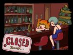  alcohol amaizake bar_(place) bar_stool blonde_hair blue_dress christmas_tree closed_sign crossdressing dress english_text eyelashes green_hair highres lipstick_mark matsuno_choromatsu matsuno_jyushimatsu open_mouth osomatsu-san shelf sleeping smile stool wig 