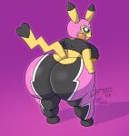  2023 anthro big_breasts big_butt black_clothing black_nose black_sclera breasts butt cast_shadow cel_shading clothing cosplay_pikachu_(costume) decentfailure2319 digital_drawing_(artwork) digital_media_(artwork) female generation_1_pokemon hand_on_butt hi_res huge_butt looking_at_viewer looking_back mask nintendo nipple_outline pikachu pikachu_libre pink_clothing pink_mask pokemon pokemon_(species) presenting presenting_hindquarters rear_view red_cheeks shaded short_stack simple_background smile solo sports_mask sportswear susie_(reathe) tail thick_thighs tight_clothing white_eyes wrestling_mask wrestling_outfit yellow_body yellow_ears yellow_tail 