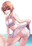  1girl asada_yo ass bare_shoulders beach bent_over bikini bikini_skirt blurry blurry_background blush breasts brown_eyes brown_hair cleavage clothes_lift collarbone commentary cowboy_shot depth_of_field frilled_bikini frills from_behind hair_between_eyes hand_on_own_leg highres kinuhata_saiai leaning_forward lifted_by_self looking_at_viewer looking_back midriff ocean open_mouth outdoors sand short_hair skirt skirt_lift small_breasts smile solo standing swimsuit teasing toaru_kagaku_no_railgun toaru_majutsu_no_index very_short_hair white_background white_bikini white_skirt 