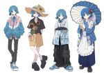  1girl absurdres alternate_costume blue_hair bocchi_the_rock! brown_headwear closed_mouth dorarin flower full_body hat hat_flower highres holding holding_umbrella mole mole_under_eye multiple_views oil-paper_umbrella short_hair simple_background straw_hat sunflower umbrella white_background yamada_ryo yellow_eyes yellow_flower 