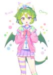  1girl absurdres alternate_costume blush brown_eyes collarbone draco_centauros dragon_girl dragon_horns dragon_tail dragon_wings fang green_hair highres horns kneehighs looking_at_viewer offbeat open_mouth pleated_skirt pointy_ears purple_skirt puyopuyo short_hair single_kneehigh single_sock single_thighhigh skirt socks solo striped striped_thighhighs tail thighhighs wings 