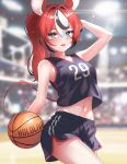  1girl animal_ears armpit_crease audience ball bare_arms bare_shoulders basketball_(object) basketball_court basketball_hoop blue_eyes blurry blurry_background blush breasts collarbone gym_shirt gym_shorts hair_between_eyes hakos_baelz highres hololive hololive_english indoors looking_at_viewer medium_breasts medium_hair midriff mouse_ears mouse_tail navel open_mouth ponytail red_hair shirt shorts sk_jynx sportswear standing tail thighs 