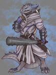  2023 abstract_background anthro barefoot blue_eyes blue_horn claws clothed clothing digital_media_(artwork) feet full-length_portrait fully_clothed hi_res holding_object holding_weapon horn portrait scalie solo standing toe_claws weapon yshanii 