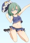  1girl alternate_costume black_footwear black_panties blue_background blue_eyes blue_headwear blue_shirt blue_skirt clenched_hand closed_mouth commentary_request crop_top frilled_hat frills green_hair groin hat hekkmushi highres looking_at_viewer navel outstretched_arm panties shiki_eiki shirt short_hair skirt socks solo touhou underwear white_socks 