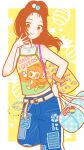  1girl bag belt blue_pants bright_pupils brown_eyes chain hand_on_own_hip highres holding holding_bag jewelry long_hair looking_at_viewer monkey necklace original pants print_camisole print_pants solo star_(symbol) white_pupils yellow_background yoshimon 