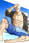  1boy abs bara blonde_hair blue_male_swimwear fate/grand_order fate_(series) from_below gawain_(fate) hand_in_own_hair highres itaru_(kidomh63) large_pectorals looking_at_viewer male_focus male_swimwear muscular muscular_male navel nipples official_alternate_costume open_clothes open_shirt pectorals seductive_smile short_hair sitting smile solo spread_legs stomach swim_trunks thick_eyebrows wet wet_hair 