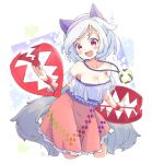  1girl animal_ears blush breasts cleavage collarbone cropped_legs dog_ears dog_tail foothold_trap grey_hair large_breasts mitsugashira_enoko multiple_tails open_mouth pink_skirt purple_hair purple_shirt red_eyes shirt short_hair signature skirt smile solo tail tanasuke touhou 