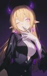  1girl blonde_hair blue_eyes breasts crop_top finger_to_mouth gloves hiera12 highres horns legendary_sword long_hair medium_breasts one_eye_closed rabbi_(legendary_sword) ribbed_shirt shirt smile solo white_gloves 
