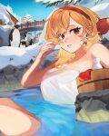  1girl bird blonde_hair breasts bridge cleavage commentary commission day earrings english_commentary eus_ing highres hololive hololive_indonesia jewelry kaela_kovalskia large_breasts looking_at_viewer naked_towel outdoors partially_submerged penguin red_eyes snow solo towel tree virtual_youtuber water 