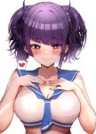 1girl asymmetrical_bangs blunt_bangs blush breasts cleavage collarbone diagonal_bangs hands_on_own_chest heart highres idolmaster idolmaster_shiny_colors large_breasts looking_at_viewer mebunryo_(mebunryo2) purple_eyes purple_hair sailor_swimsuit_(idolmaster) simple_background smile solo spoken_heart tanaka_mamimi twintails upper_body white_background 
