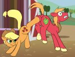 2022 accessory angry animal_genitalia applejack_(mlp) ballbusting balls barn big_macintosh_(mlp) blonde_hair blonde_mane brother_(lore) brother_and_sister_(lore) butt buttsaucer clenched_teeth clothing cock_and_ball_torture cowboy_hat cutie_mark digital_media_(artwork) earth_pony equid equine equine_genitalia female feral freckles friendship_is_magic fur furgonomics genital_torture genitals hair hasbro hat headgear headwear hooves horse kick male mammal mane my_little_pony nuttyhoof orange_body orange_fur pain plant pony raised_tail red_body red_fur screencap screencap_background sibling_(lore) sister_(lore) tail tail_accessory teeth torture tree wide_eyed yellow_tail 