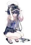  1girl black_dress black_hair blue_archive blue_eyes book covering_head dress halo holding holding_book long_hair migolu sandals see-through see-through_shirt solo squatting sweatdrop ui_(blue_archive) very_long_hair 