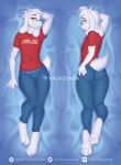  2019 3_toes anthro biped bottomwear bovid bulge caprine claws clothing dakimakura_design denim denim_clothing dev_(scrangus) digital_media_(artwork) erection eyewear feet girly glasses goat hi_res horn jeans looking_at_viewer male mammal pants paws shirt smile soles solo t-shirt text tight_clothing tight_jeans toe_claws toes topwear url valkoinen 