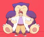  2023 anthro belly big_belly bottomwear clothing duo eyes_closed eyewear generation_1_pokemon glasses hi_res human inunoshippo kemono male mammal nintendo overweight overweight_male pants pokemon pokemon_(species) pokemon_professor professor_neroli shirt size_difference snorlax topwear 