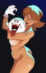  1girl absurdres ass black_background blue_background boo_(mario) breasts brown_eyes brown_hair combos_&amp;_doodles ghost gloves gradient_background highres huge_ass large_breasts looking_at_viewer mario_(series) nude open_mouth princess_daisy sharp_teeth shiny_skin short_hair teeth thick_thighs thighs tongue tongue_out upper_teeth_only white_gloves 